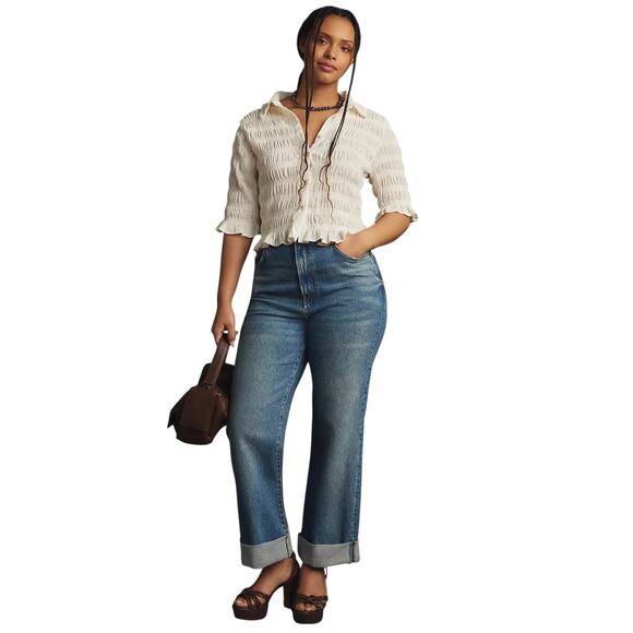 Anthropologie Maeve White Smocked Button Front Top - Picture 4 of 11